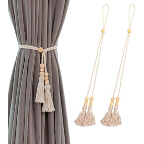 Rope Curtain Tiebacks with Tassels Drape Tie Back Holder Cotton Double Rope Curtain Holdbacks Wooden,Beige 8pack