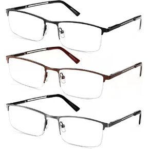 3 Pack Blue Light Blocking Reading Glasses for Men Stylish Metal Frame Readers with Comfort Spring Hinges