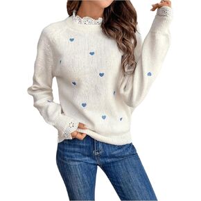 OYOANGLE Women's Long Sleeve Sweater Heart Embroidery Crewneck Lace Patchwork Pullover Sweaters Casual Knitted Tops