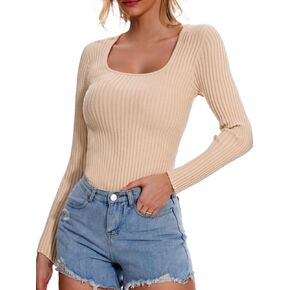 ELLEVEN Women’s Square Neck Long Sleeve Shirts—Ribbed Knit Sweater Slim Fitted Elegant Fall Casual Basic Tee Tops
