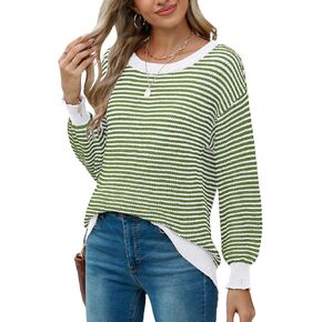 Jouica Womens 2024 Batwing Sleeve Sweaters Casual Crewneck Striped Color Block Fall Lightweight Pullover Top