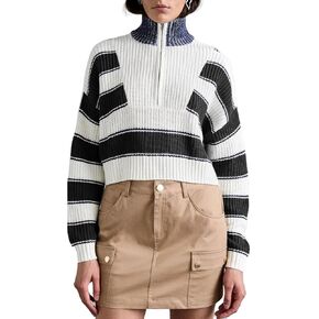 Striped Sweater for Women Cropped Half Zip Stand Collar Casual Long Sleeve Color Block Pullover Tops