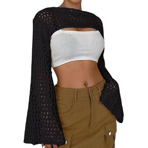 Womens Cropped Sweater Crochet Knit Crop Tops See Through Y2k Knit Sweater Beach Cover Ups