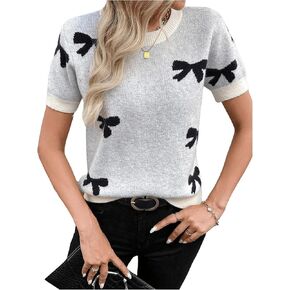 MakeMeChic Women's Bow Crew Neck Sweater Short Sleeve Knit Pullover Tops