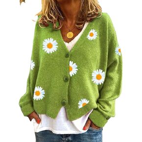 ebossy Women's Cute Embroidery Daisy Floral Knit Cardigan Open Front Button Up Y2K Artistic Aesthetic Sweater Outwear