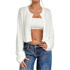MakeMeChic Women's Button Front Crop Cardigan Fuzzy Long Sleeve Drop Shoulder Cropped Sweaters Outwear