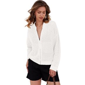 Womens Zip Up Crochet Cardigan Sweater Oversized Long Sleeve Hollow Out Knit Bomber Jacket Fishnet Sweaters