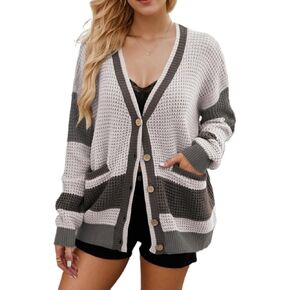 Sumleno Womens Vintage Color Block Cardigan Sweaters Y2k Long Sleeve Button Open Front Knit Baggy Fall Winter Clothes