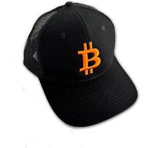 Bitcoin High Profile Trucker Baseball Cap Black Cotton Twill Polyester Mesh 3D Puff Embroidery (Orange Embroidery)