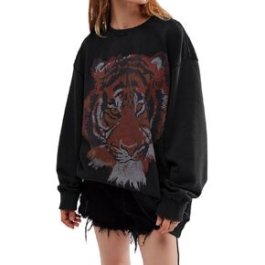 Argeousgor WomenY2K Graphic Oversized Sweatshirt Long Sleeve Tiger Print Pullover Tops Shirt Vintage Fairy Grunge Shirt