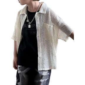 Boys Casual Button Down Knit Hip Hop Shirts See Through Short Sleeve Shirts Sheer Hollow Out Top