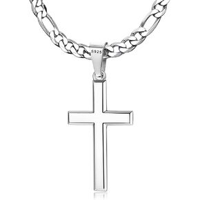 MILACOLATO 925 Sterling Silver Cross Necklace for Men Women, 5mm Stainless Steel Durable Figaro Link Chain with Cross Pendant for Men, Women Mens Crucifix Necklace Jewelry 18-24 Inches