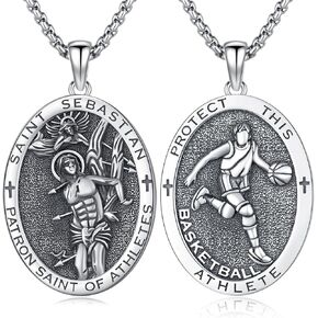 Saint Sebastian Necklace 925 Sterling Silver Patron Saint of Basketball Player Pendant,St Sebastian Athlete Jewelry for Men with 22 in Chain