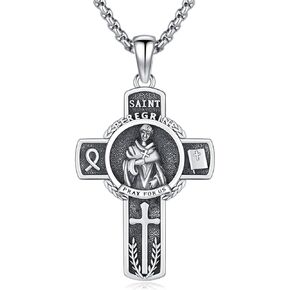 Saint Peregrine Necklace 925 Sterling Silver Catholic St. Peregrine Cross Pendant Patron Saint Cancer Religious Necklace Jewelry for Men with 22 in Chain
