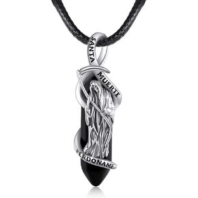 MONGAS Santa Muerte Necklace Sterling Silver Santa Muerte Pendant Necklace Grim Reaper Jewelry for Men Women