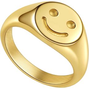 Gold Smile|Frown Face/North Star Ring Solid Stainless Steel Simple Signet Band Ring Everyday Jewelry