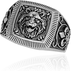 Lion Head Ring for Men, Norse Viking Roaring Lion Ring Vintage Engraved Carved Band Rings, Punk Hip Hop Lion Signet Ring, Lion Totem Amulet Ring, Gothic Animal Lion Jewelry - Men
