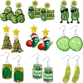 Y1tvei Christmas Earrings for Women - 9Pairs Just Dill with It Pickle Sparkly Glitter Drop Dangle Earring Funny Pickle Jar Cucumber Acrylic Earrings Cute Christmas Pickle Gifts for Women Pickle Lovers