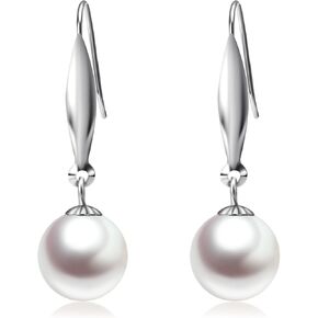 18K White Gold Pearl Dangle Earrings for Women, Fine Jewelry Gifts for Her (9mm Cultured Freshwater Pearl)