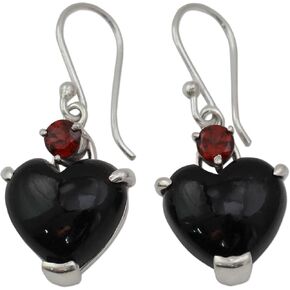 NOVICA Artisan Handmade Onyx Garnet Heart Earrings with Sterling Silver Red Dangle India Birthstone [1.4 in L x 0.8 in W x 0.2 in D] ' Goth Love'