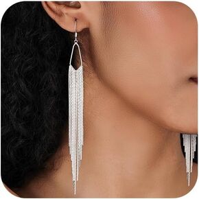 Tassel Earrings Long Tassel Dangle Drop Earrings for Woman Silver/Gold Boho Linear Tassel Drop Dangling Chain Earrings Wedding Bridesmaid Jewelry