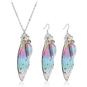 Colorful Resin Butterfly Cicada Wing Dangle Drop Statement Earrings Pendant Necklace Jewelry Set for Women Girlfriend Teens Acrylic Rainbow Insect Animal Wedding Birthday Party Accessory