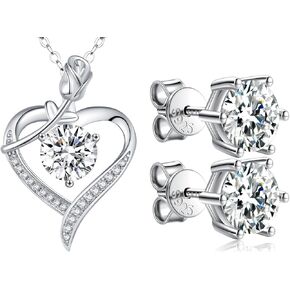 Moissanite Stud Earrings 4.0 CTW (2.0 Ct Each) Diamond Rose Pendant Necklace (1.0 Carat) Jewelry Gift Set