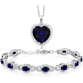 Gem Stone King Blue Sapphire Tennis Bracelet and Blue Created Sapphire Heart Pendant Necklace Set in 925 Sterling Silver | Heart Pendant | with Complimentary 18 Inch Silver Chain | Jewelry Set