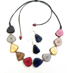 Multi color tagua necklace and earrings, organic tagua nut jewelry, handmade necklace set TAG681