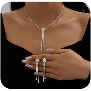 Bride Wedding Necklace Earrings Set Silver Rhinestones Necklaces Bridal Crystal Jewelry Accessories Costume Jewelry Set for Women