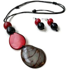 Tagua necklace and earrings in red, black TAG646, long set, statement necklace, organic Jewelry