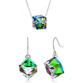 PLATO H S925 Sterling Silver Cube Crystals Necklace and Earrings Bundle Green Rainbow