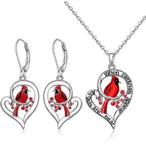 Cardinal Necklace Earrings Set Heart Red Bird Spiritual Memorial When Cardinal Appear Angels are Near Dainty Inspirational 925 Sterling Silver