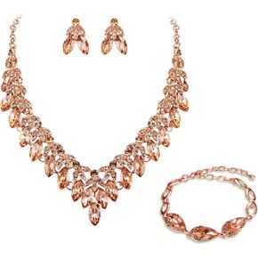BriLove Women's Wedding Jewelry Set for Bridal Rhinestone Beaded Marquise Cluster Crystal Statement Necklace Dangle Earrings Link Bracelet