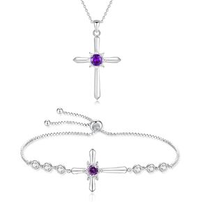 FANCIME Amethyst Cross Necklace and Cross Bracelet for Women Sterling Silver February Birthstone Jewelry Set