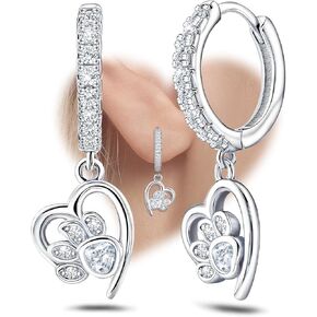 Silver Heart Print Earrings for Women Sterling Silver Cute Pet Puppy Cat Dog Paw Print Hoop Earrings Hypoallergenic White Cubic Zirconia Loop Earring Dainty Heart-Shaped Earring for Christmas Birthday
