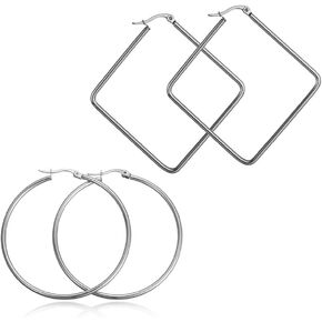Women's 2 Pairs Lightweight Surgical Stainless Steel Hoop Earrings Set 50mm 35mm Diameter