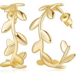 Cossa Hoops 14K Gold Hoop Earrings Gold Earrings for Women Olive Branch-Shaped Women’s Hoop Earrings Leaf Earrings for women Nature-Inspired Gold Hoops Jewelry Presents 28mm