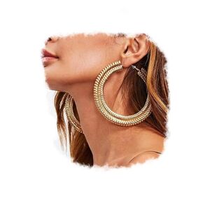 Extra Large Chunky Cuban Hoop Earrings Geometric Double Layered Round Loop Boho Earrings for Women Prom Party Festival Jewelry (80mm gold)