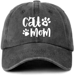Funny Women's Distressed Washed Black Baseball Caps Cat Mom White Printed Baseball Hats Classic Cotton Adjustable Baseball Hats for Women Trendy Birthday Gifts for Mom Wife Friend Cat Lover