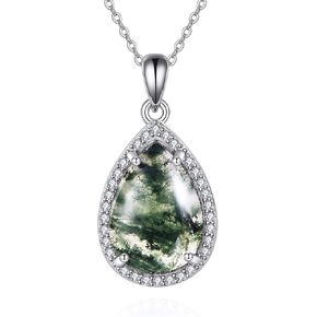 URONE Moss Agate Necklace 925 Sterling Silver Moss Agate Pendant Necklaces Green Gemstone Jewelry Gifts for Women