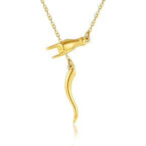 14k Gold Italian Horn Hand Necklace 14K Solid Yellow Gold Cornicello and Mano Cornuto Pendant Necklace Italian Horn Good Luck Protection Amulet Jewelry for Women Gifts