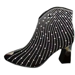 Helenbra Women's Rhinestone Pointed Toe Chunky Heel Booties,Fashion Glitter Sparkly Side Zipper Ankle Boots Anti-collision toe Party Dating Wedding Cowgirl Short Boots