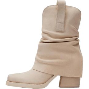 GORZADEUL Women's folding mid-calf boots thick heel square toe riding boots pull-up suede boots