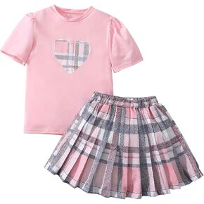 Girls Clothing Set 2 Piece Outfits Skirt Sets Cute Puff Short Sleeve Tops & Plaid Mini Pleated Skirts 4-8 Years