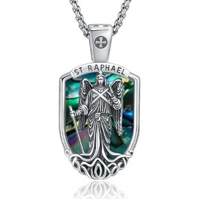 Archangel Saint Raphael Necklace 925 Sterling Silver Abalone Shell St Raphael Medal Protection Necklaces,Patron Saint Raphael Shield Amulet Pendant Jewelry For Women Men with 22 in Chain