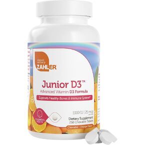 Zahler Junior D3 Vitamins 1000 IU - Chewable Vitamin D3 for Kids - Vitamin D for Kids to Support Bone, Teeth & Immune Health - Kosher Kids Vitamin D3 Orange Flavor - D3 Vitamins for Kids 250 Count.