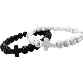 Cross Beaded Bracelets, Set of 2, Black and White