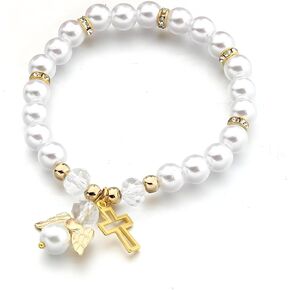 Dreuyet Cross Angel Bracelet Pendant Bracelet for Women Trendy Simulated Pearl Beads Bracelets Handmade Stretch Cross Bracelets First Communion Baptism or Christening Gift