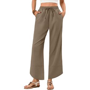 Ficerd Women’s Linen Wide Leg Pants, Summer Casual Beach Harem Pants Loose Elastic Waist Drawstring Palazzo Pant with Pockets